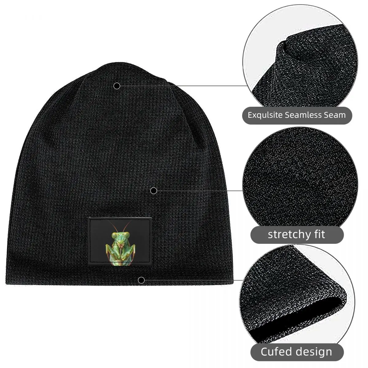 Green Praying Mantis, Eerie Insect Art Waffle Knit Fleece Lined Beanie with PU Leather Patch Unisex Warm Winter Soft Cap