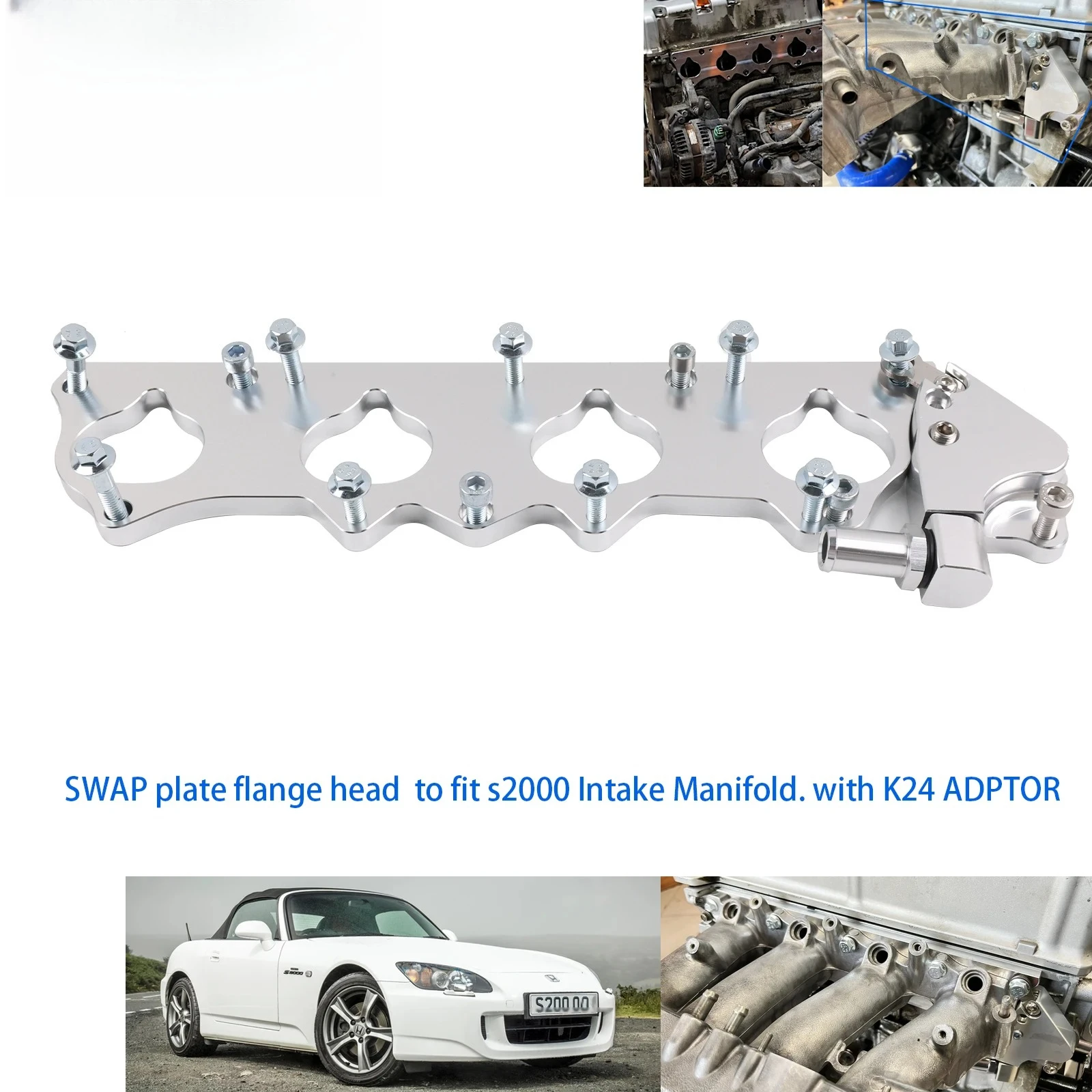 K24 style Head to KSWP S2000 Intake Manifold PLATE with Recirculation K24A ADAPTER FOR 00-09 Honda S2000 F20c/F22c