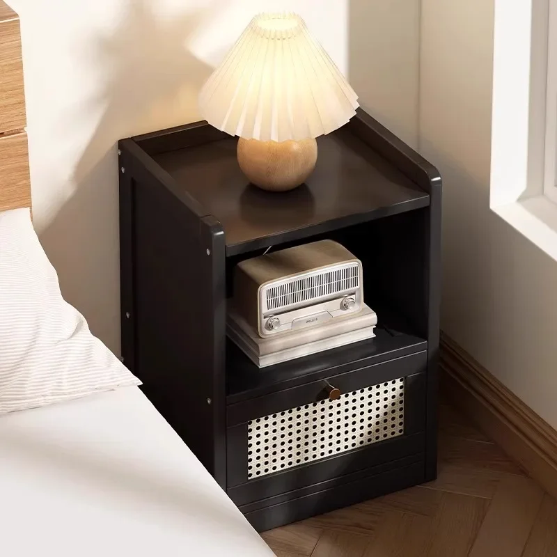Bamboo Floor Bedside Cabinet, Kickboard-Compatible Nightstand, Luxury Storage Table with Drawers, Multi-Zone Bedroom Organizer