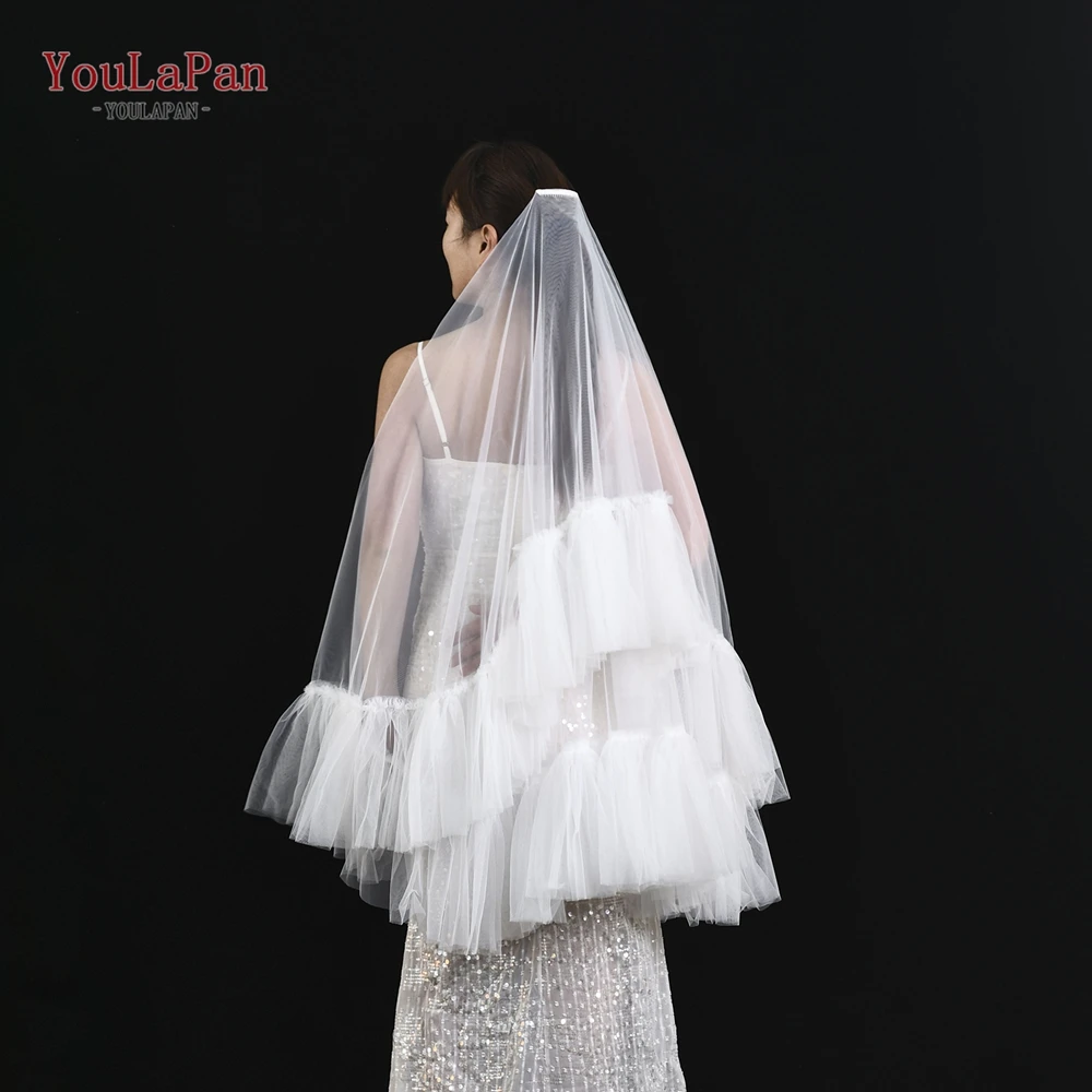 YouLaPan Two Layers Bridal Veils with Blusher Bridal Illusion Tulle Short Wedding Veil in Mesh Ruffled lace Applique Edge V183