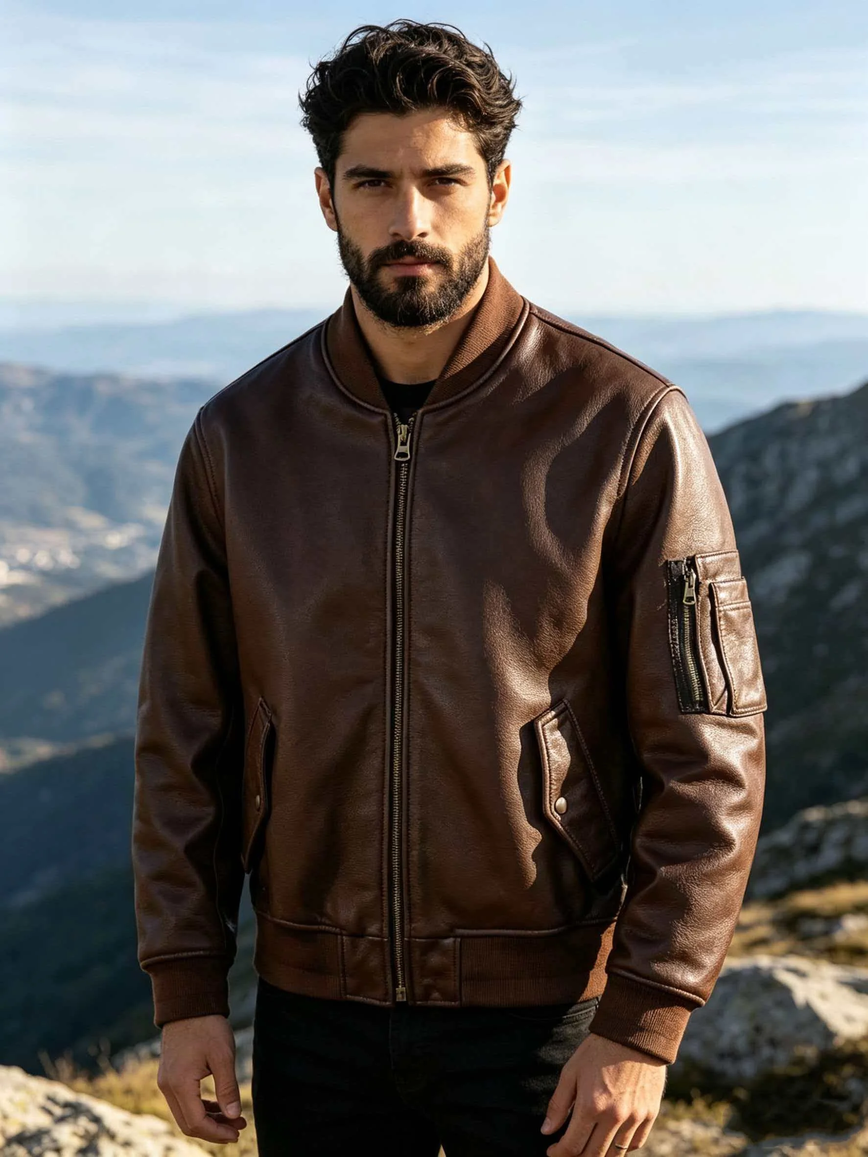 

Brown Autumn Leather Jacket Men Military Style Plus Size 6XL Genuine Natural Cowhide Slim Fit MA1 Flight Coat