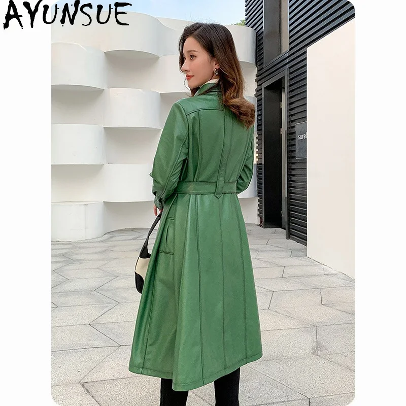 AYUNSUE Real Leather Jacket Woman Fashion Cinched Waist Long Jackets for Woman Green Sheepskin Trench Coat Woman Clothes Jaqueta