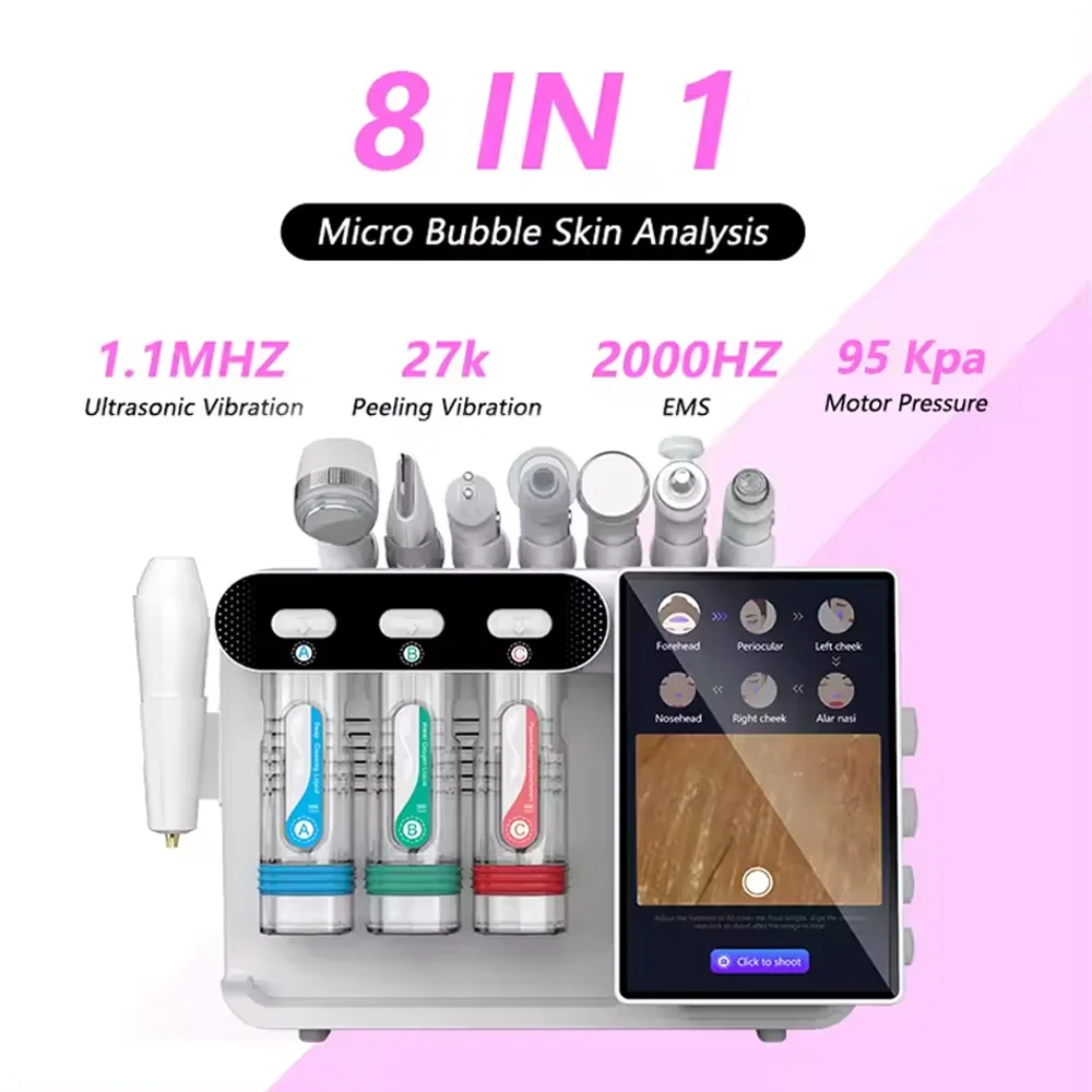 

Desktop H2O2 8 in 1 Small Bubble Hydradermabrasion Machine Microcurrent Face Lifting with Skin Analyzer