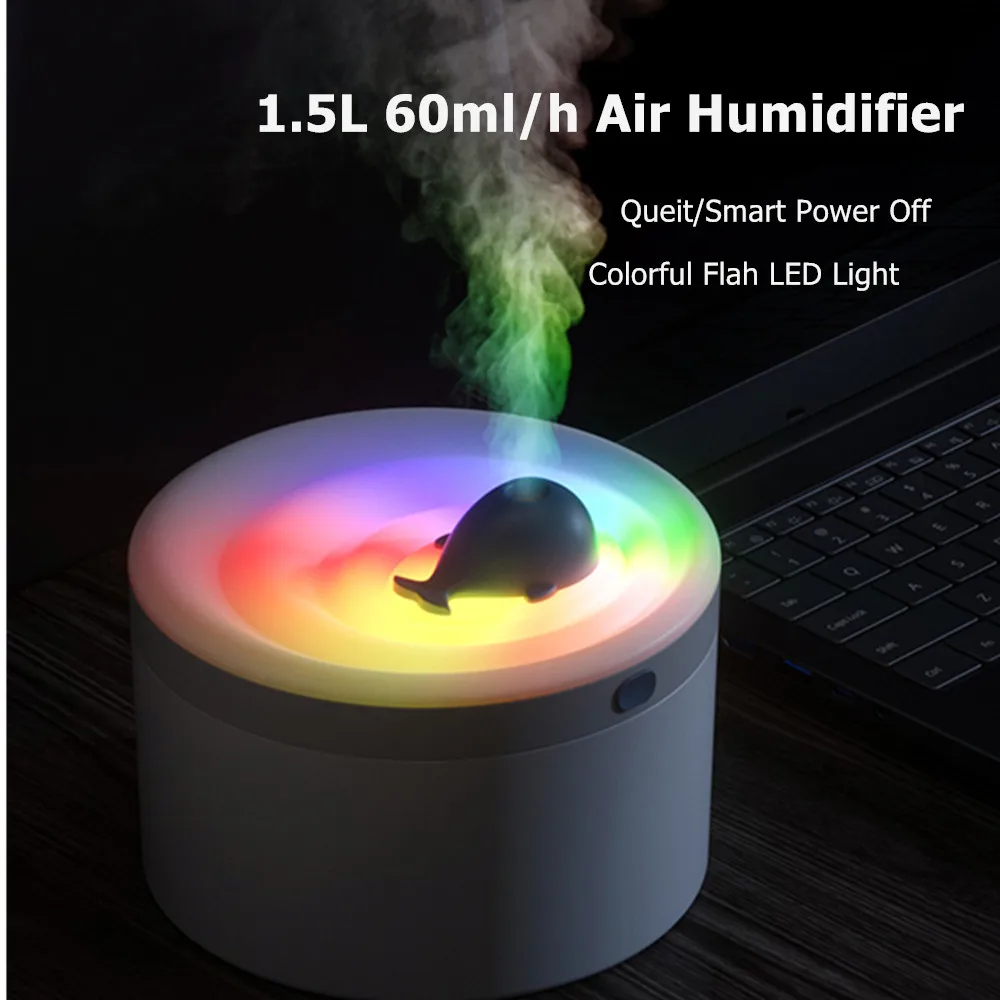 1500ml Cute Whale Super Queit Colorful Night Light Desktop Spray Mist Humidifier Air Humidifiers for Home Bedroom Kids