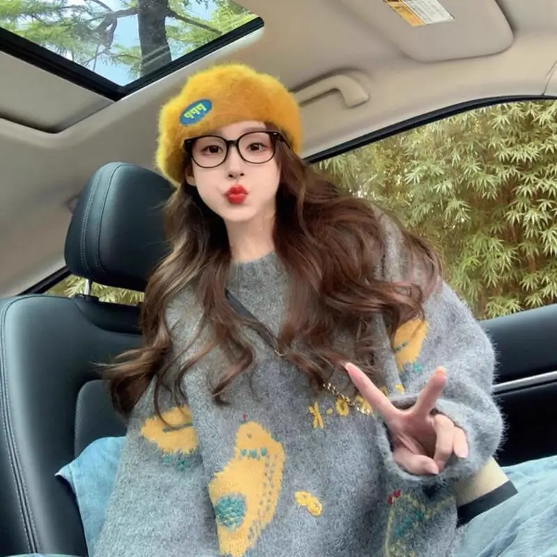 سترة نسائية محبوكة جديدة برقبة دائرية لخريف وشتاء 2025، سترة كورية راقية ناعمة وفضفاضة لطيفة #2