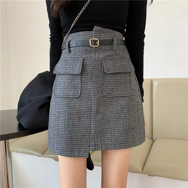 New Irregular Skirts Women Mini Chic Vintage Houndstooth Elegant Pockets All-match Streetwear Slim Causal Mujer High Waist Cloth