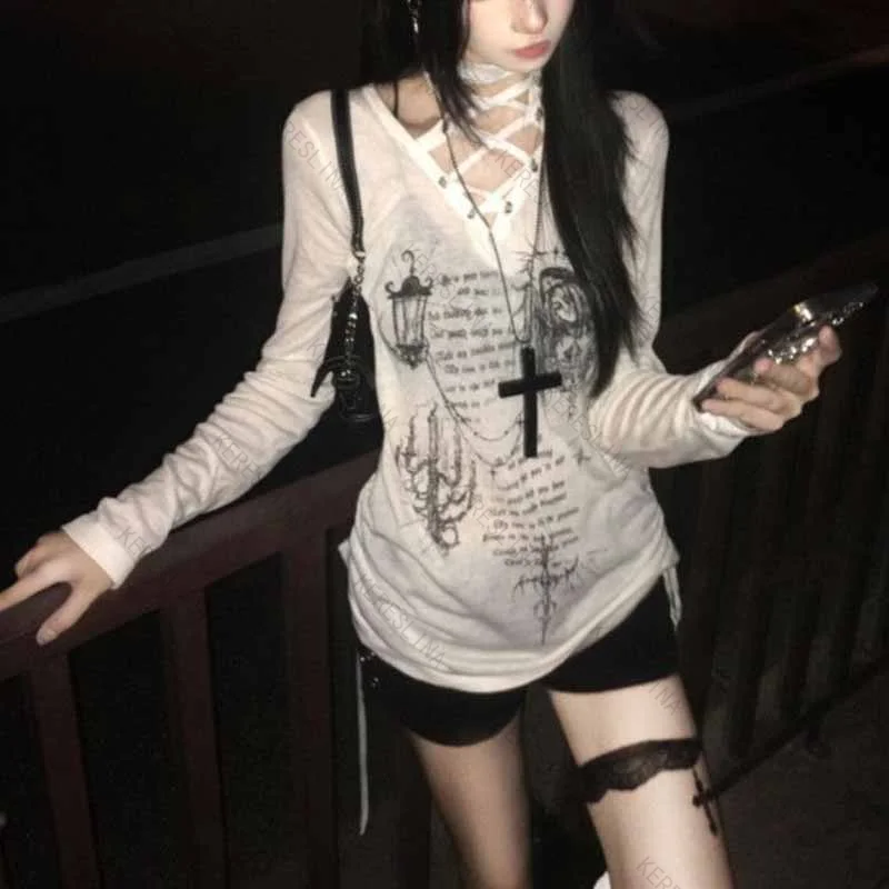 Y2K subculture dark gothic style hollow out strap long sleeved T-shirt summer retro high street micro transparent slim fit top