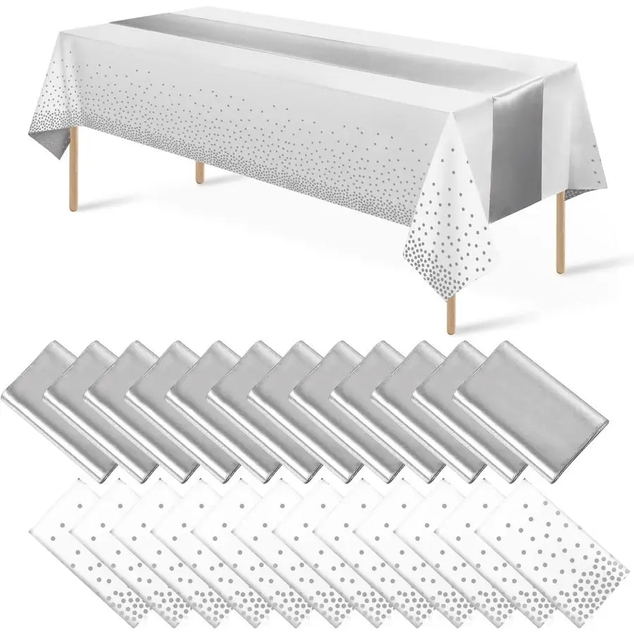 

Набор из 24 одноразовых пластиковых скатертей и атласных дорожек на стол: белая скатерть с серебряными точками и серебряная атласная дорожка для стола