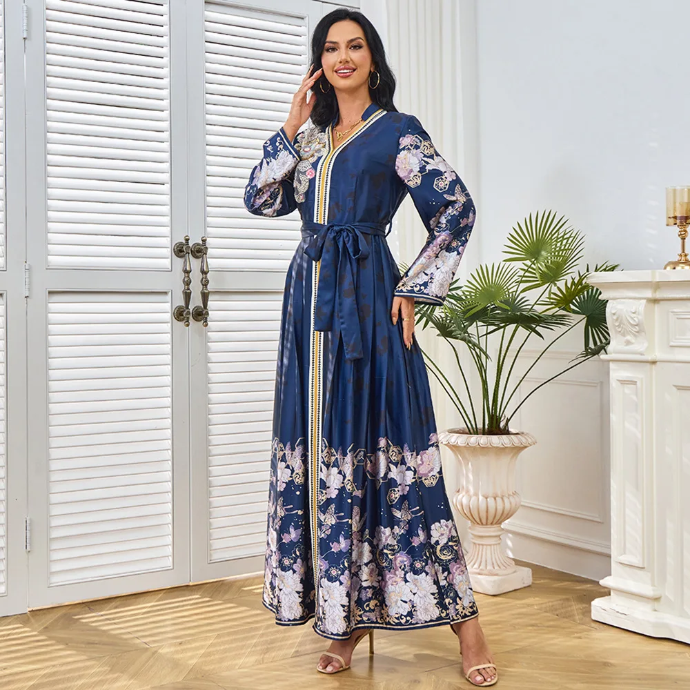 

MT221 Arab Dubai Printed Collar Dress Muslim Robe Party Dinner Evening Dress ins