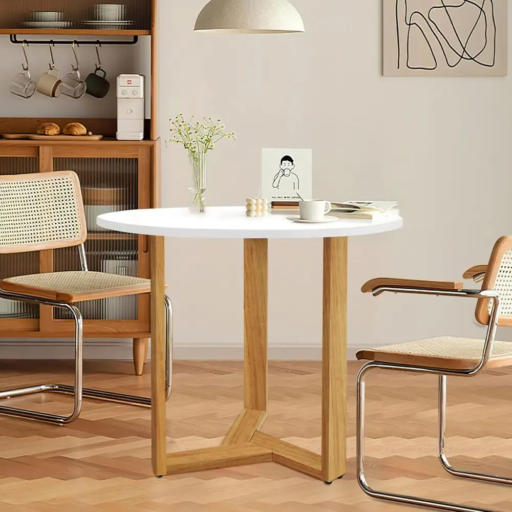 

Mid Century Modern Round White Dining Table for 2-4, with Wood Legs & MDF Tabletop for Small Space Dining Room Narrow Nook