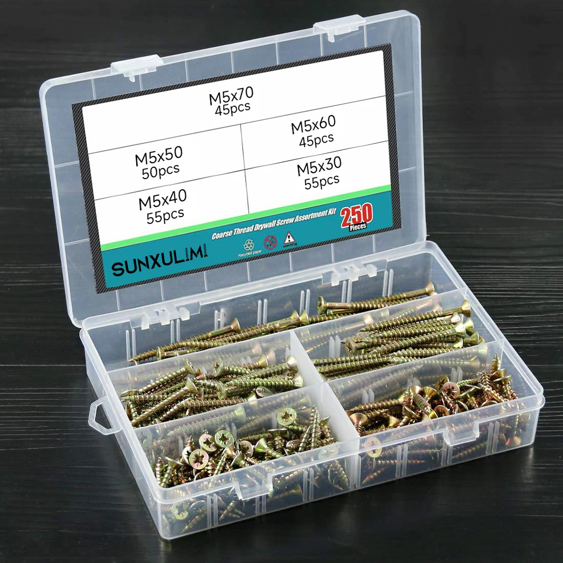 

250-piece M5x30-70mm wood screw combination kit, flat head, coarse thread, galvanized carbon steel