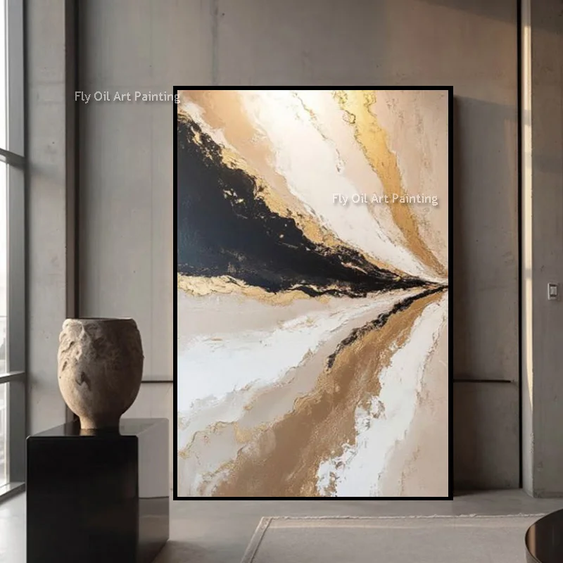 Black White Gold Canvas Textured Wall Art Abstract Stream Hand Painted Oil Painting Luxury Decor For Entry Hall