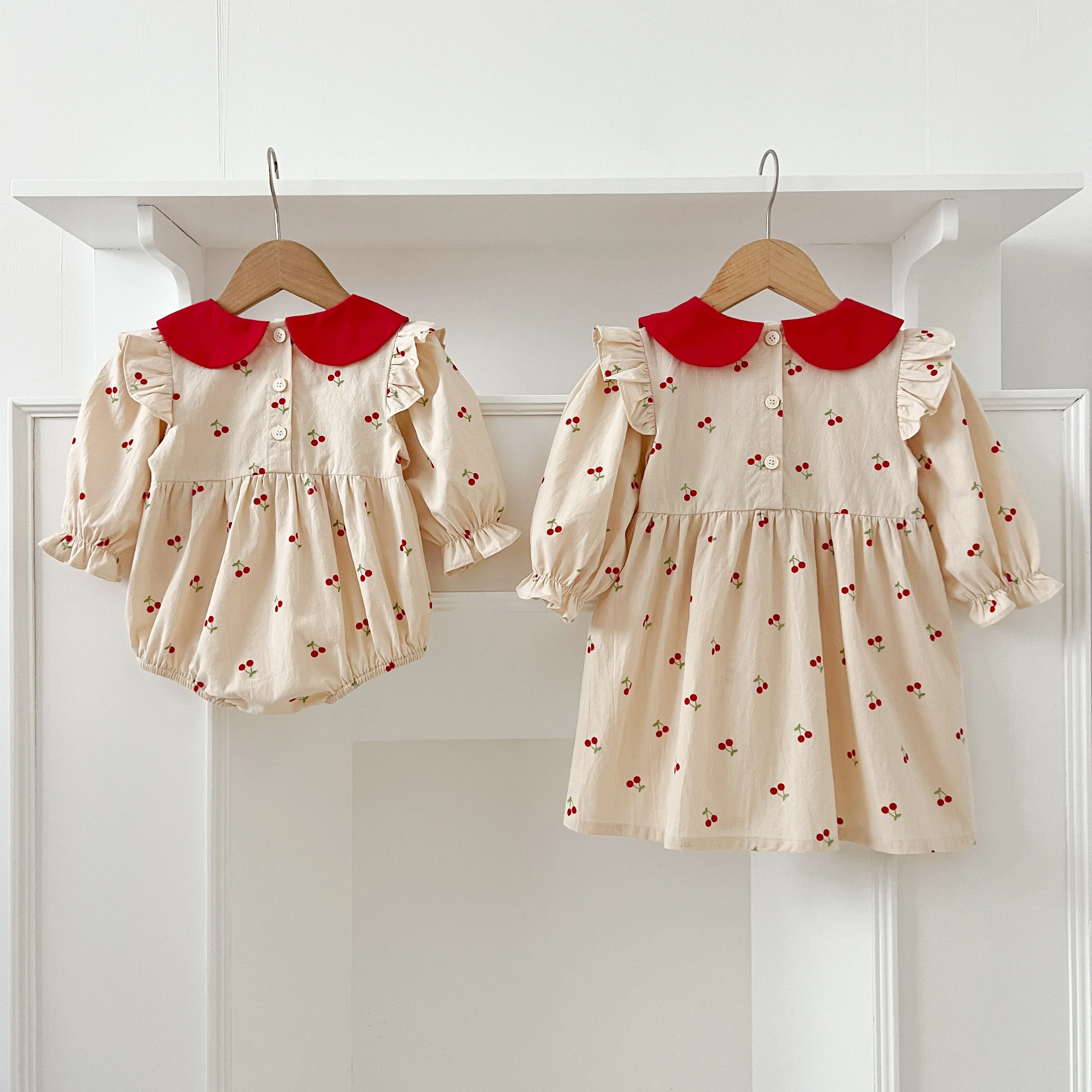 Sisters Clothes Infant Baby Girls Ruffled Dress Rompers Sisters Baby Girls Cherry Print Princess Dress Family Clothes Rompers