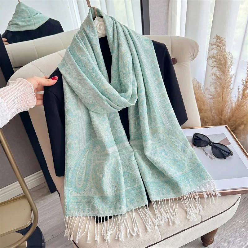 Mint Green Paisley Jacquard Shawl Women Fringe Wrap Soft Cashmere Feel Scarf For Boho Travel Beach Daily Wear Luxury Gift