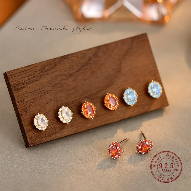 Inlay Colorful CZ Geometry Stud Earrings 925 Sterling Silver Hypoallergenic Classic Elegant Earrings Fashion Jewellry