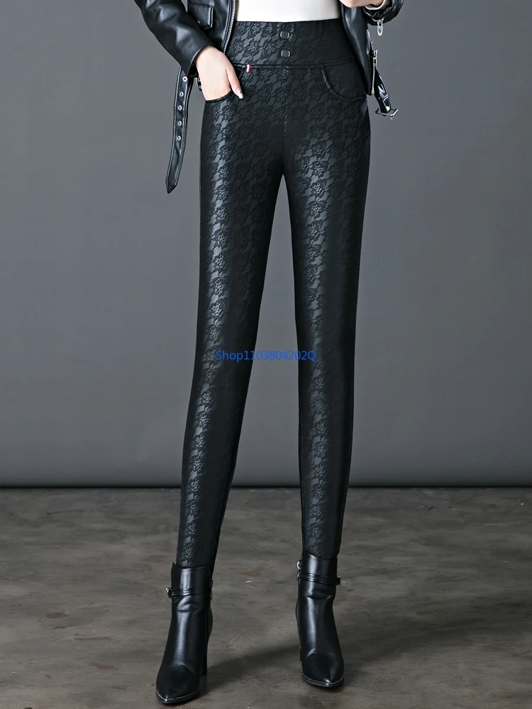 High Waist Lace PU Leather Pants Women's Autumn and Winter New Middle-aged Women's Pants Mother Large Size Small Foot Leggings