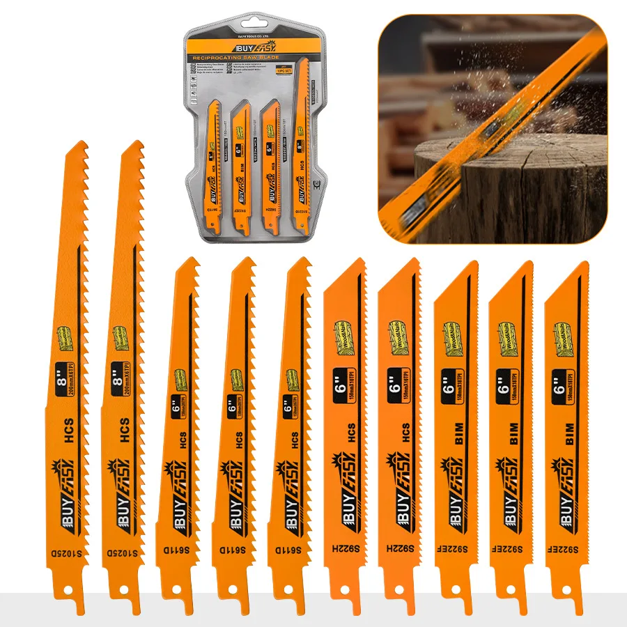 10-piece HCS thickened reciprocating saw blade set, cuts 6/8 inch, multipurpose for wood, metal, MDF, electric tool accessory ki