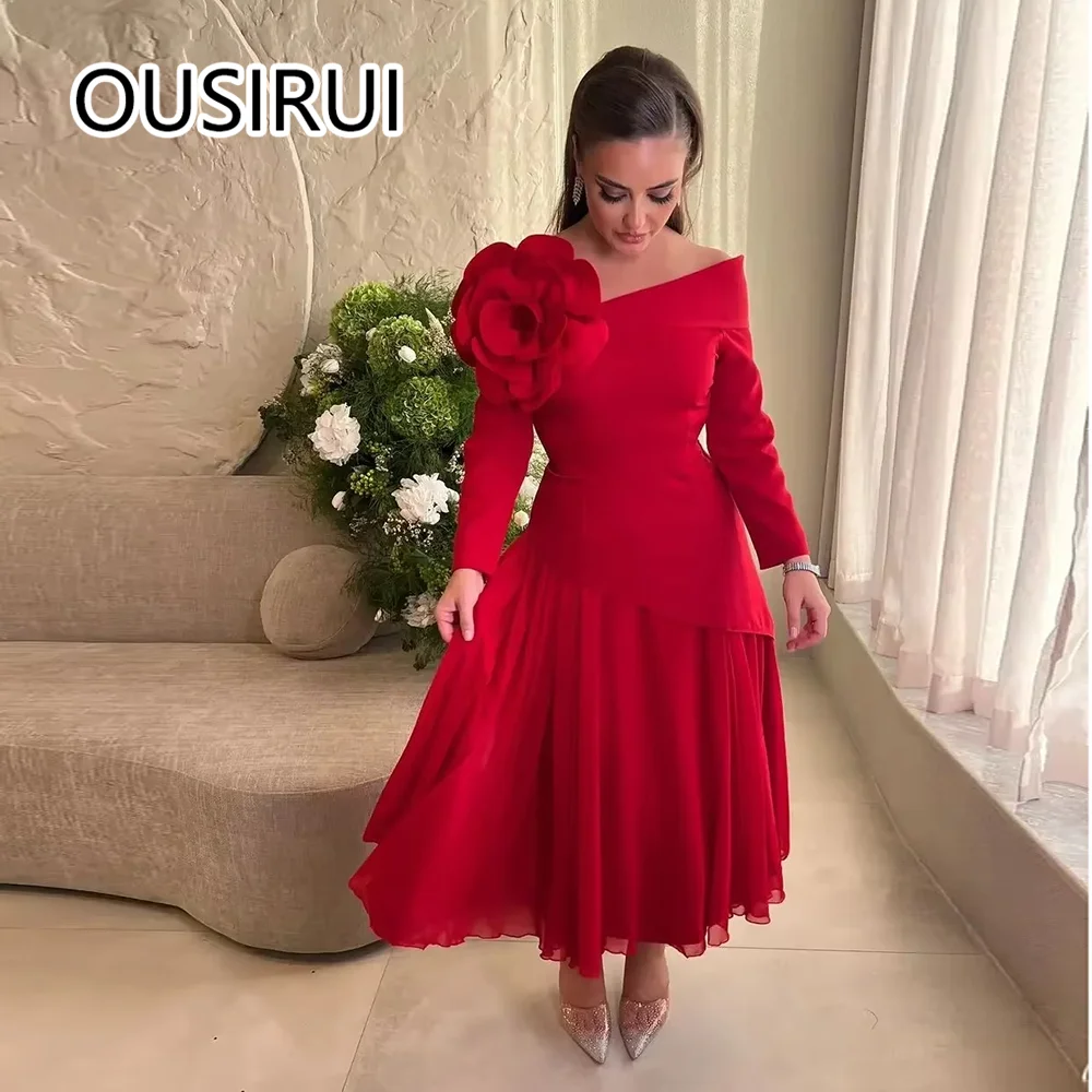 Elegant Saudi O-neck Satin Evening Arab Dress with Floral A-line Evening Prom Gown with Long Sleeve for Women vestidos de noche