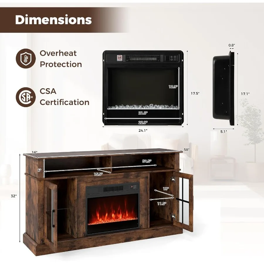 حامل تلفزيون مدفأة كهربائية مصمم لأجهزة التلفاز حتى 65 بوصة يتميز بأضواء LED المحيطة وجهاز التحكم عن بعد قابل للتعديل I #3