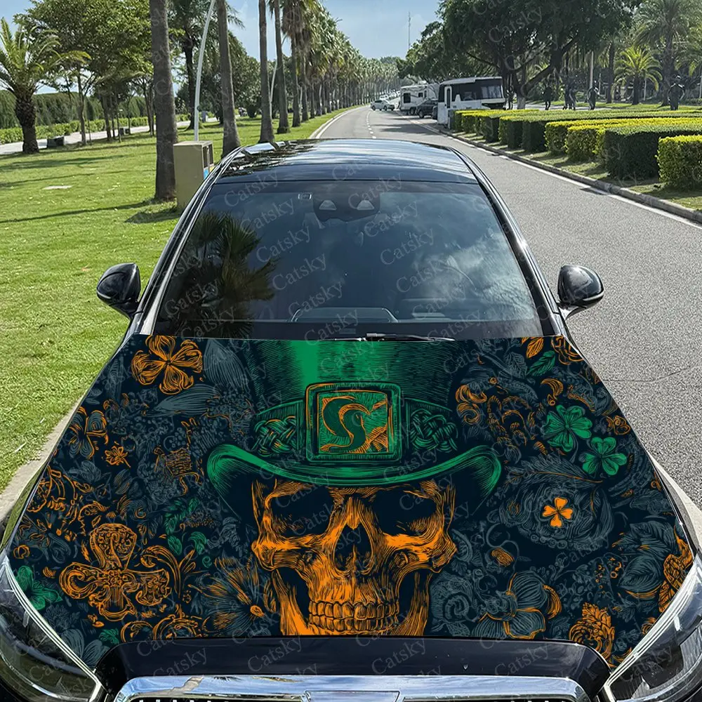 Car Decal Gothic Culture-Inspired Combination of Skull, Green Top Hat and Ornate Floral Elements Car Hood Sticker, Waterproof Se