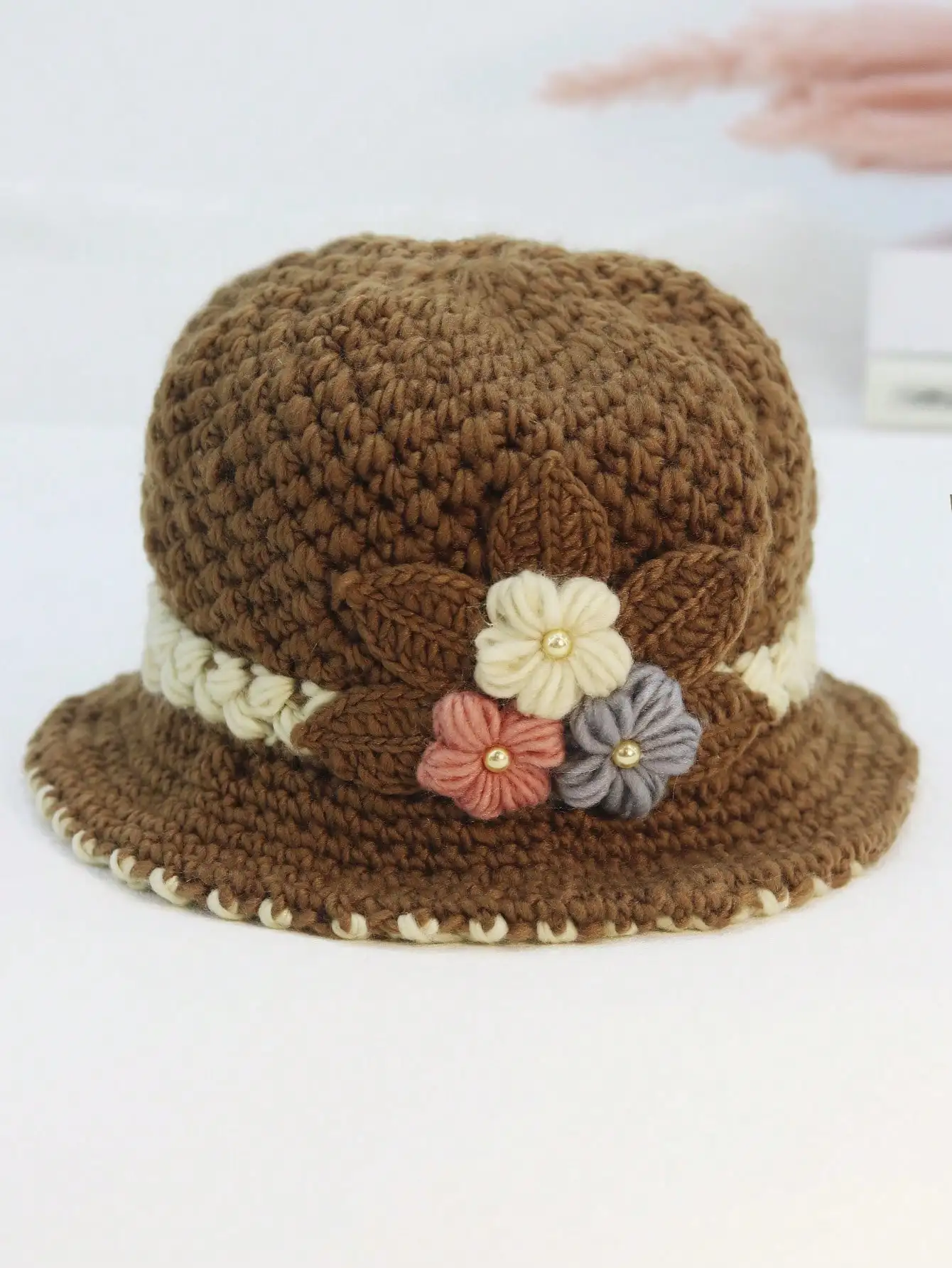Women's Elegant Flower Crochet Bucket Hat, Handmade Knitted Basin Hat with Floral Applique, Lightweight Warm Beanie Cap for Autumn & Winter Boho Style