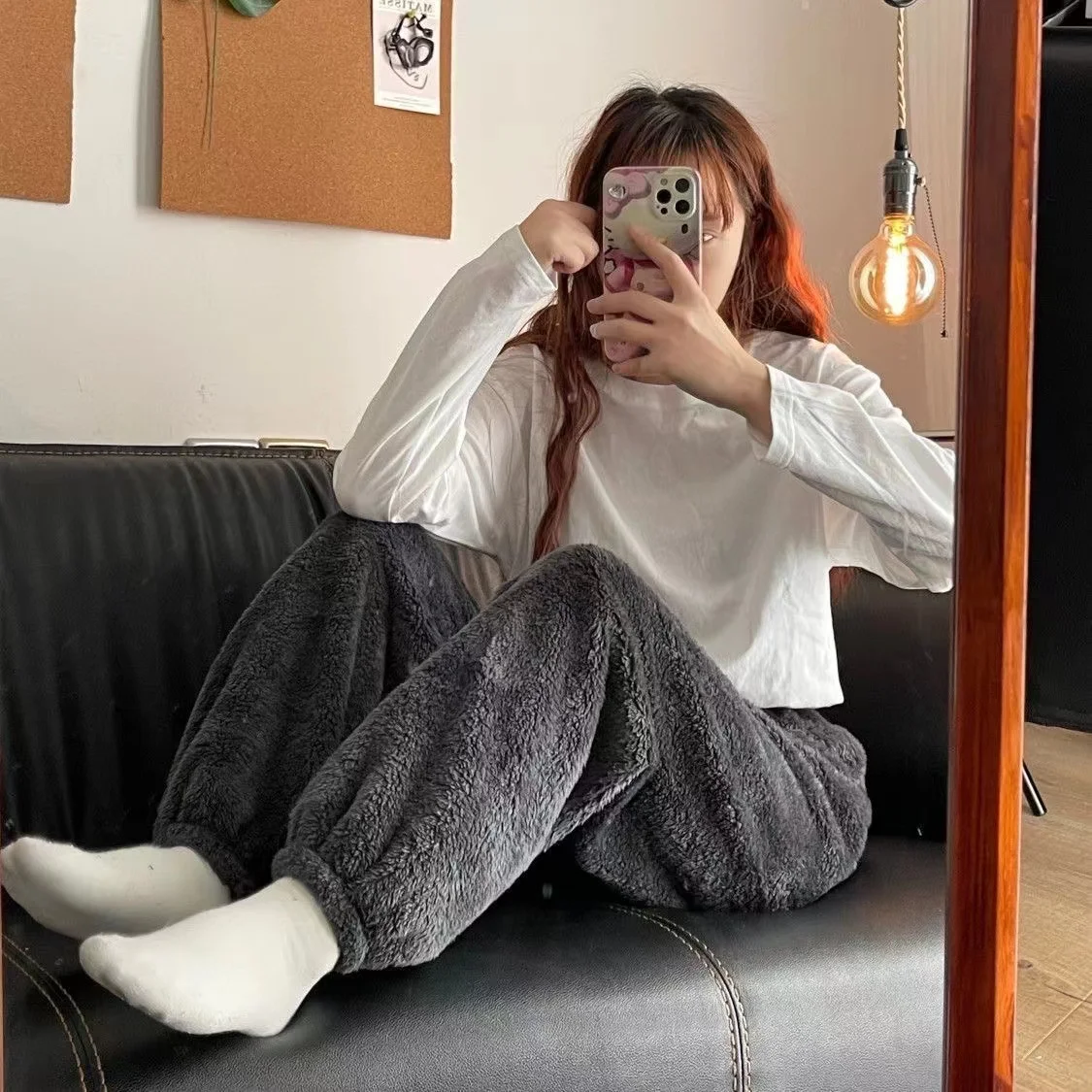 Thicken Men Women Coral Fleece Pajama Pants Autumn Winter Solid Color Warm Sleepwear Cute Lovers Home Pants Can Externally Wear