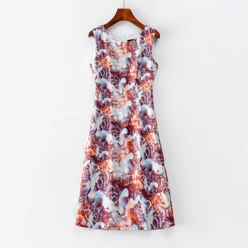 

Fashion Flower Print Women Dress Elegant O-Neck Sleeveless Casual Dresses