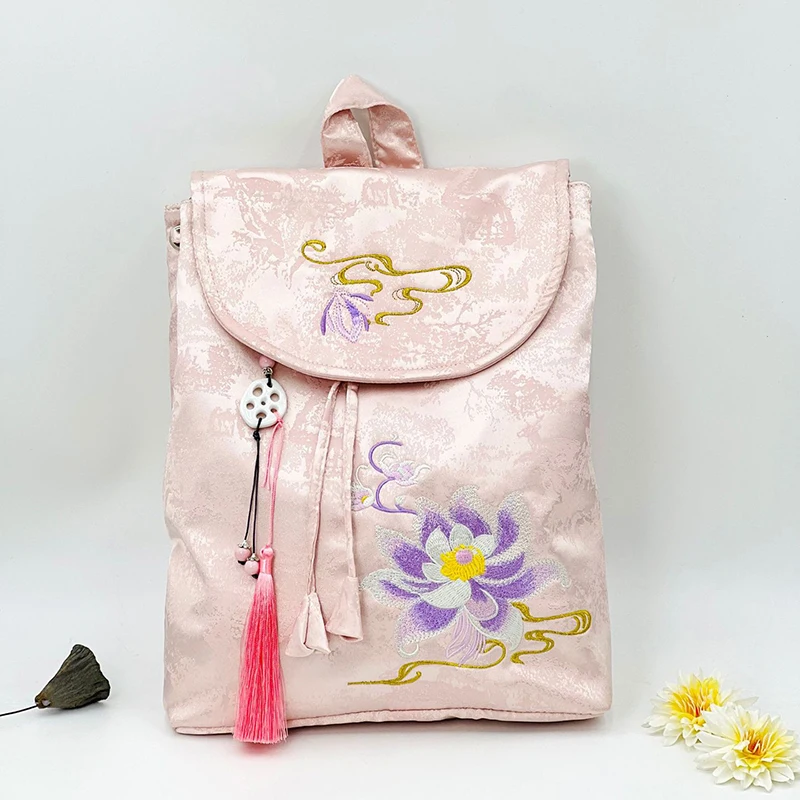 Women's Vintage Embroidered Flower Tassel Backpack Chinese Style Hanfu Casual Multi Pocket Large Capacity Ladies Handbag