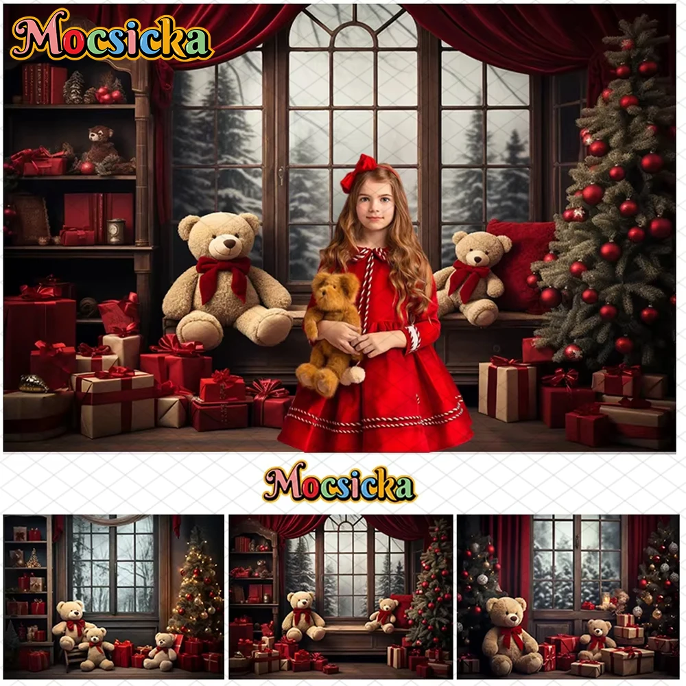 

Mocsicka Christmas Background Photography Xmas Tree Red Curtain Window Gifts Bear Decor Family Holiday Party Baby Photo Backdrop