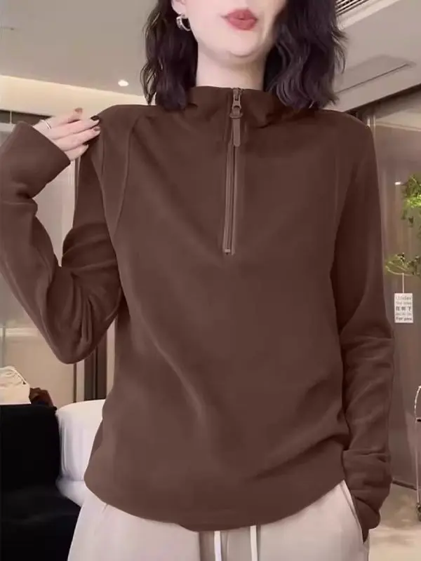 

Double-Sided Fce Zip-Up Hoodie Women's Loose Fit Large Size Warm Base irt Korean Sle Stand Collar Autumn Winter New Ar...