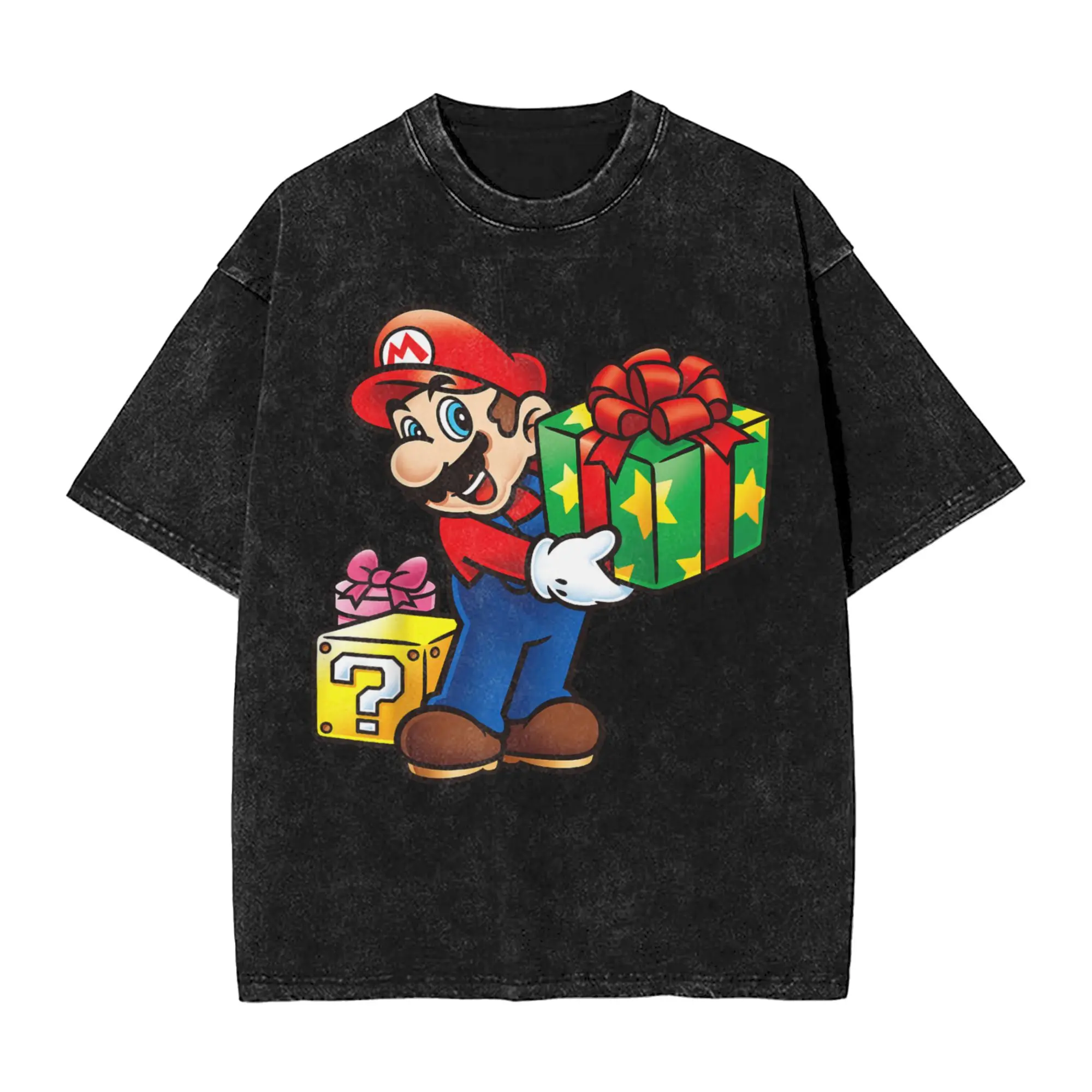 

Промытая футболка в стиле Харадзюку, супер Мариос, завернутые рождественские подарки, хлопковые футболки, новинка, футболка для мужчин, пляжные забавные повседневные футболки