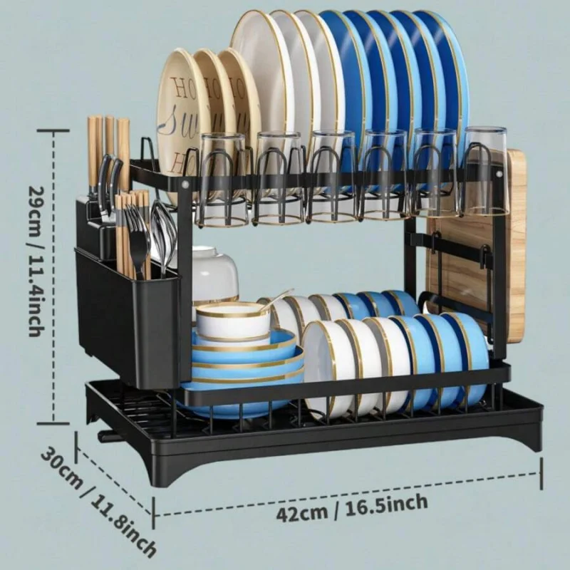 Stainless Steel Rust Proof Metal Dish Drying Rack 2 Tier Large Capacity Space Saving Automatic Drainage with Multi Functional