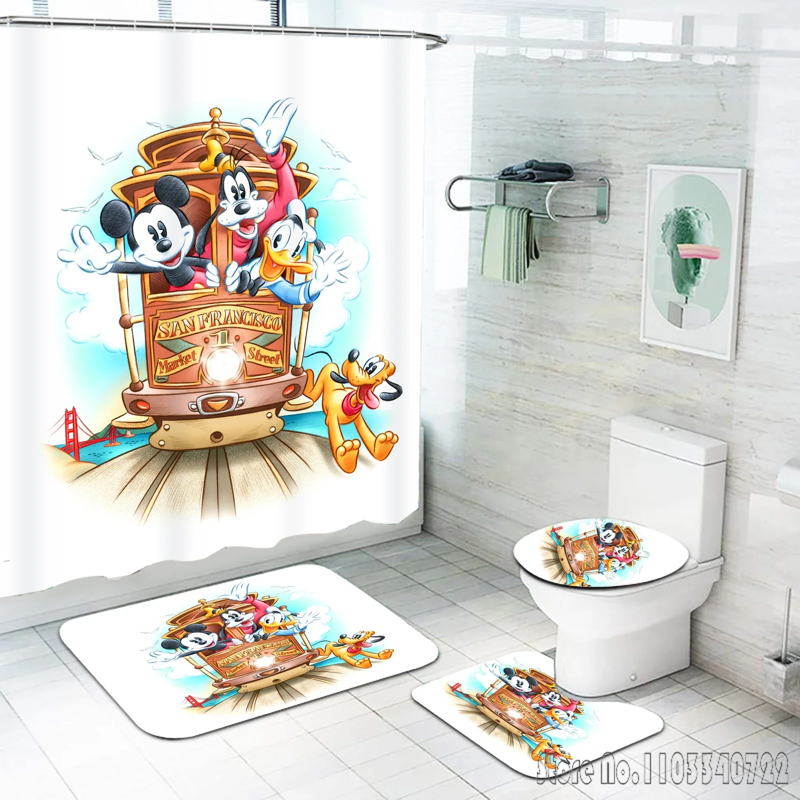 Disney Mickey Mouse Anime Bath Shower Curtain Set 4pcs with Hooks Waterproof Bathroom Toilet Mat Lid Decor