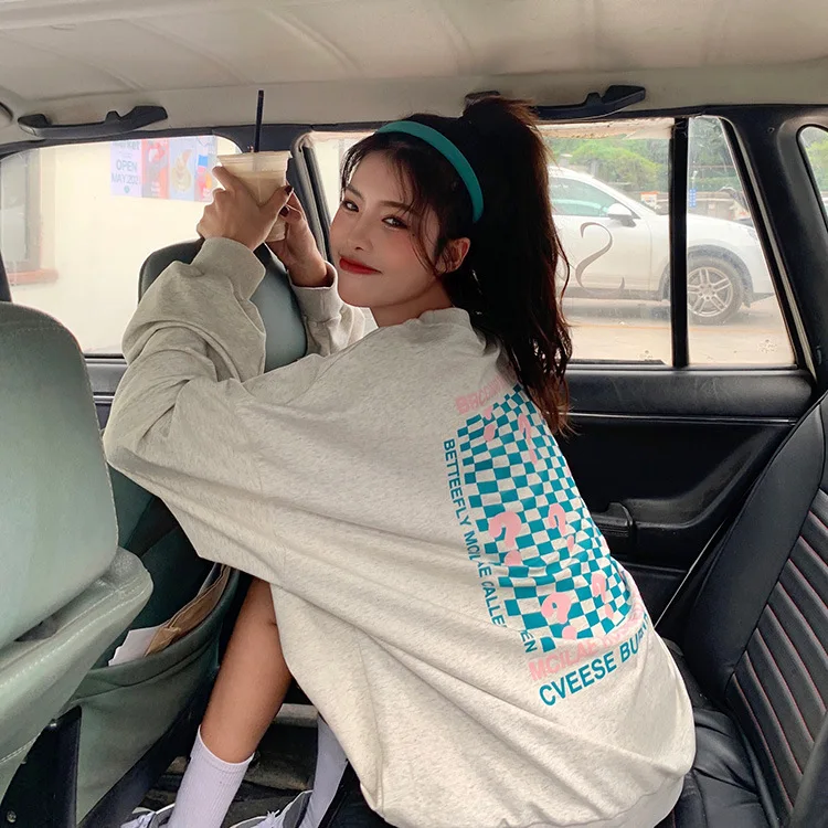 2022 Spring Autumn Sweatshirt Women Japan Style New Fashion Checkerboard Sweatshirt Casual Loose Long Sleeve Clothes
