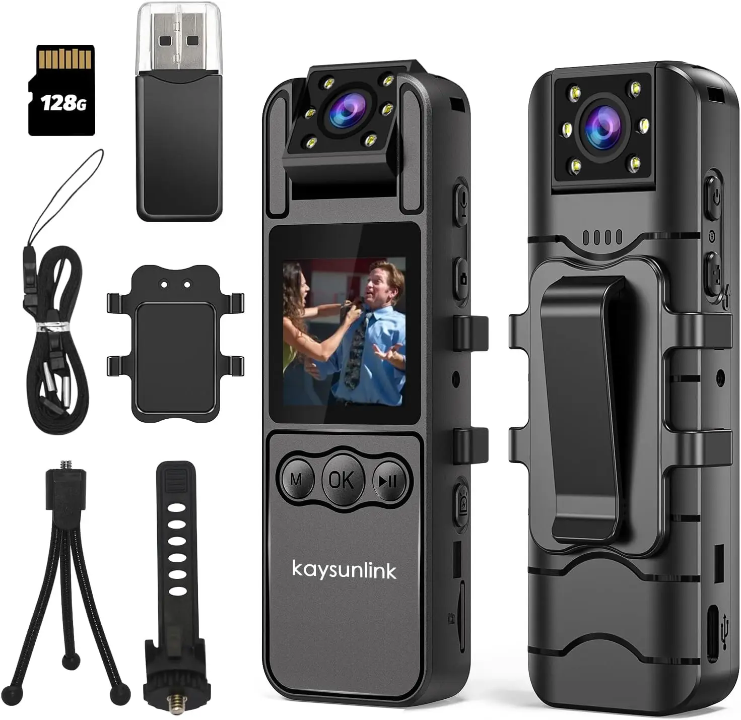كاميرا يمكن حملها بالجسم سعة 128 جيجابايت مع تسجيل الصوت والفيديو HD 1080P BodyCam بطارية 6HR IR Cut كاميرا فيديو للرؤية الليلية تلقائية يتم ارتداؤها على الجسم