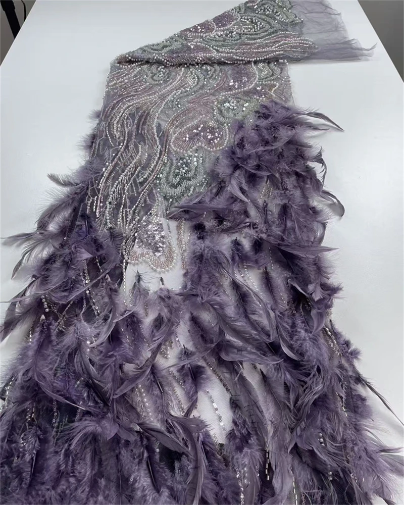 

Luxury African 3D Feather Beaded Lace Fabric High Quality Embroidery Sequins Nigerian French Style for Wedding Sewing Material