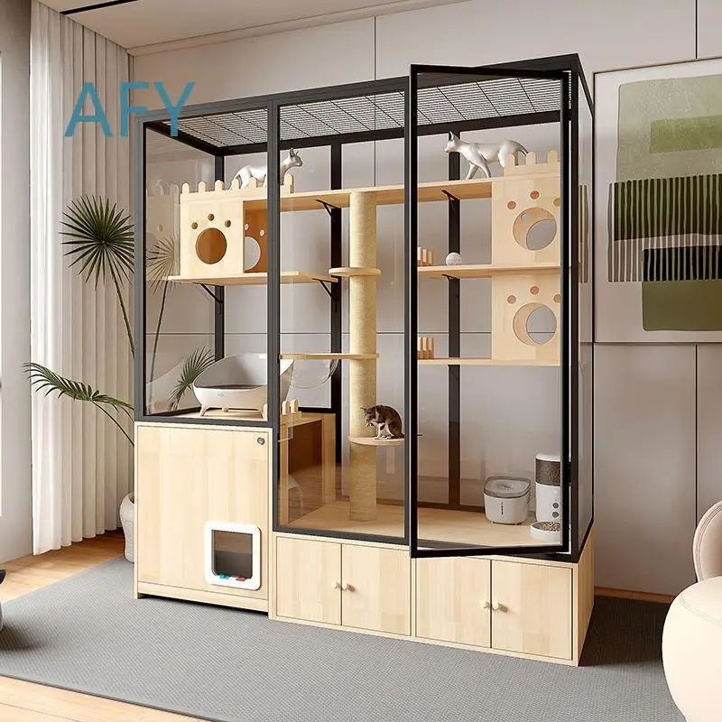 Panoramic Cat House for Indoor Use Extra Large Space Glass Enclosed Pet Cabinet for Cats with Ventilation Display Cage for