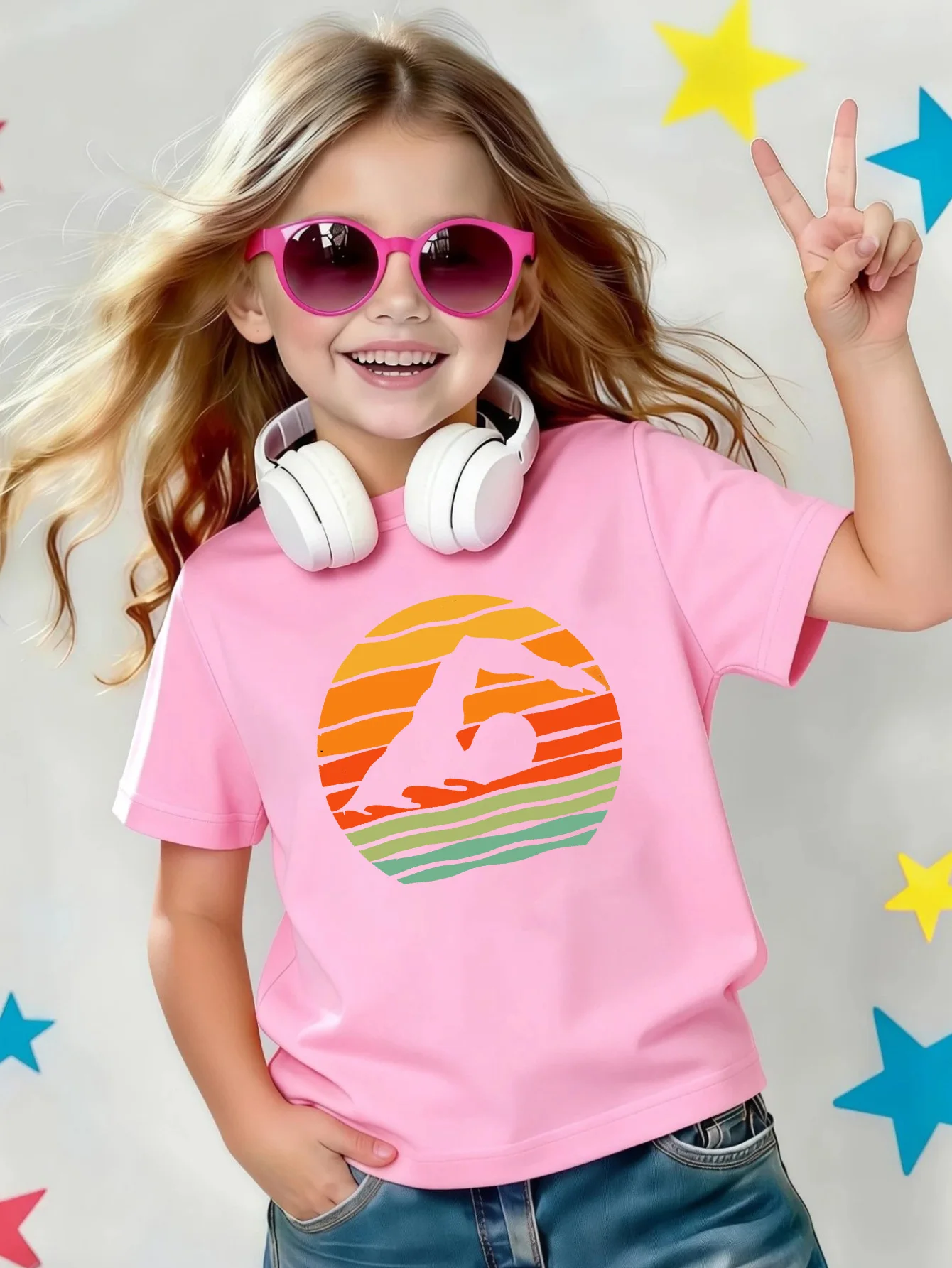 Vintage Swimmer Sunset Stripe Silhouette Art Print Kids Tee Boys Girls Cotton Summer Soft Casual Unisex Kids Short Sleeve Shirts
