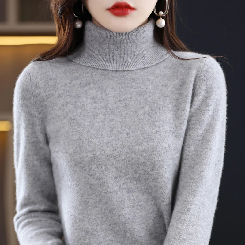 Women\'s Cashmere Turtleneck 100% Merino Wool Lapel Solid Color Pullover Sweater Autumn/Winter Warm Solid Knit Top