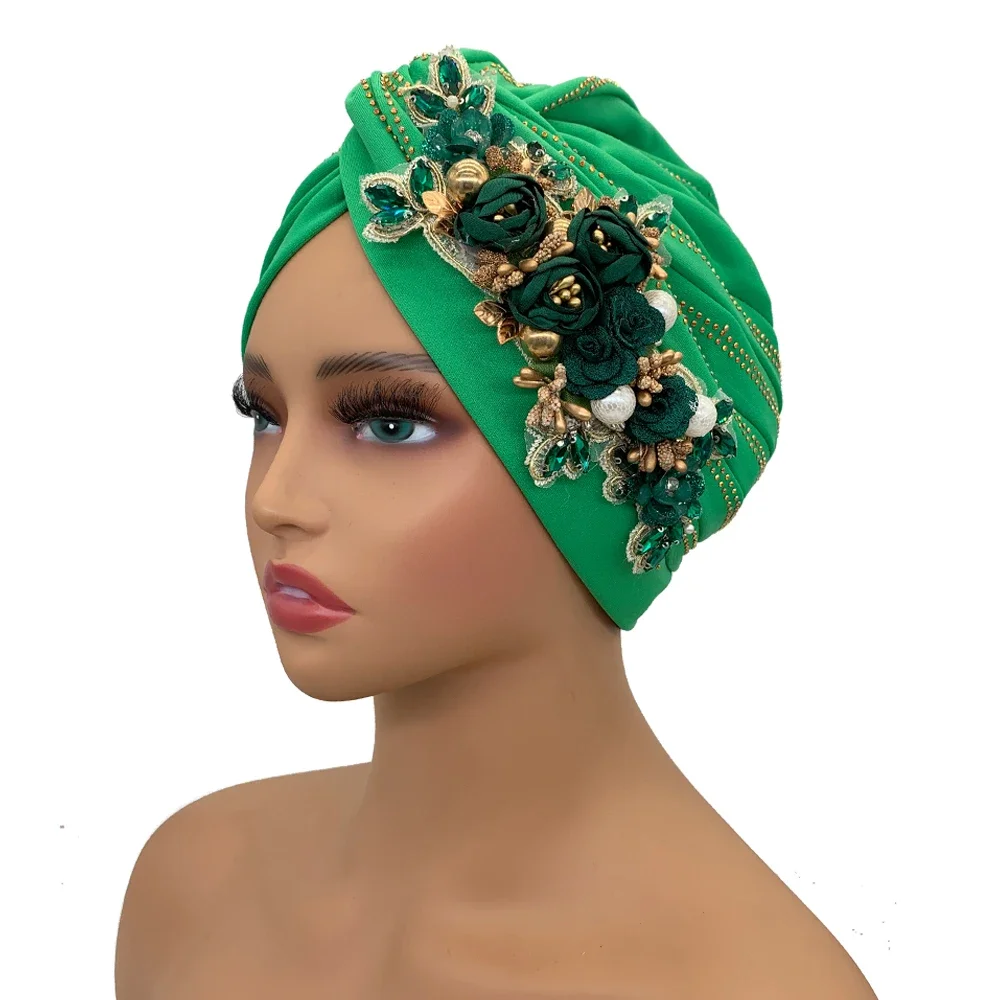 2024 Fashion Women\'s Turban Cap Twisted Headsarf Hat Diamonds Flower African Head Wraps Nigeria Wedding Party Headpiece