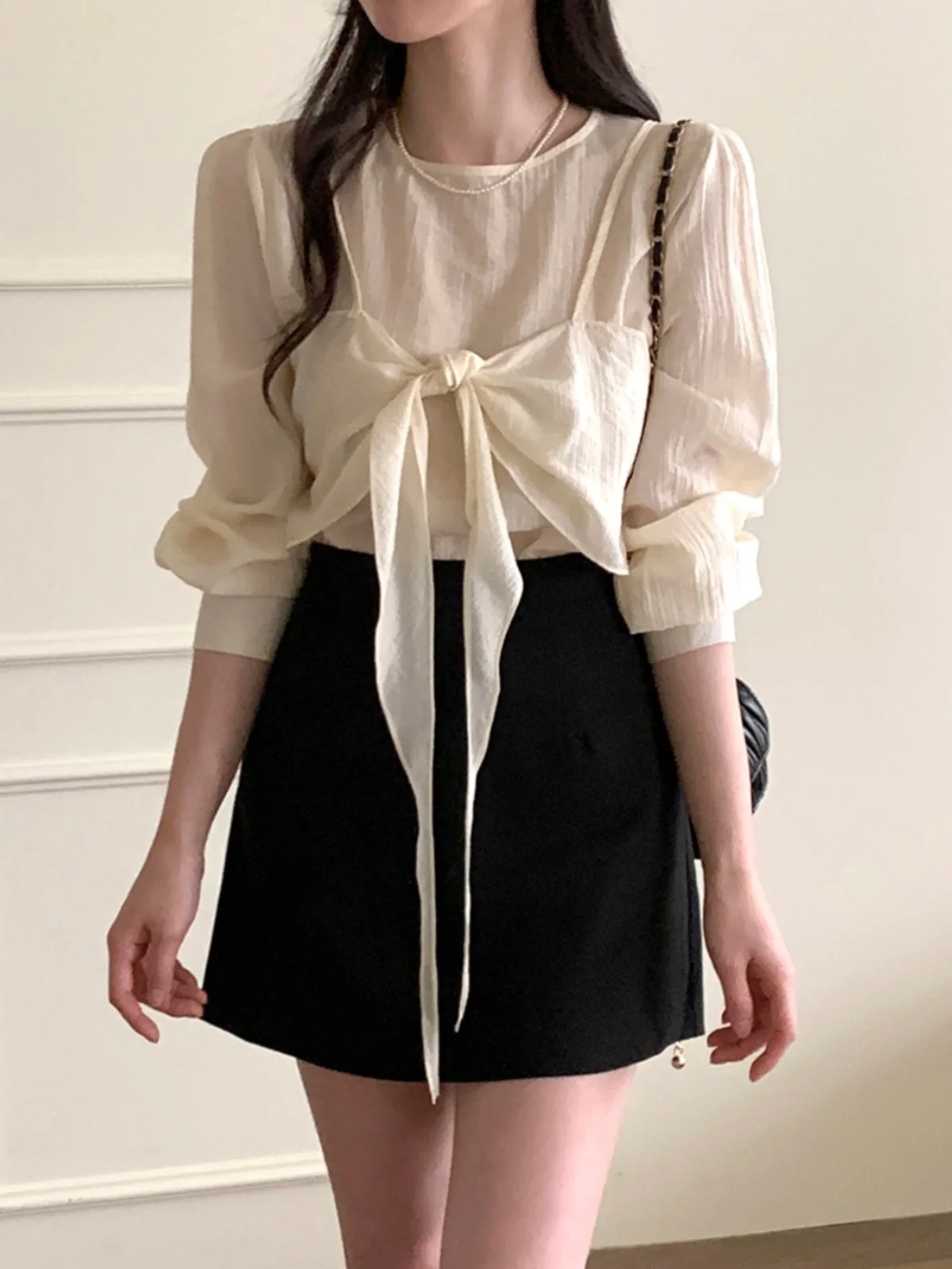 

Spring Korean Sle Sweet Gentle Knot Long Sve See-tough irt Women's Two-piece Set Casual Comfortable Loose Fit
