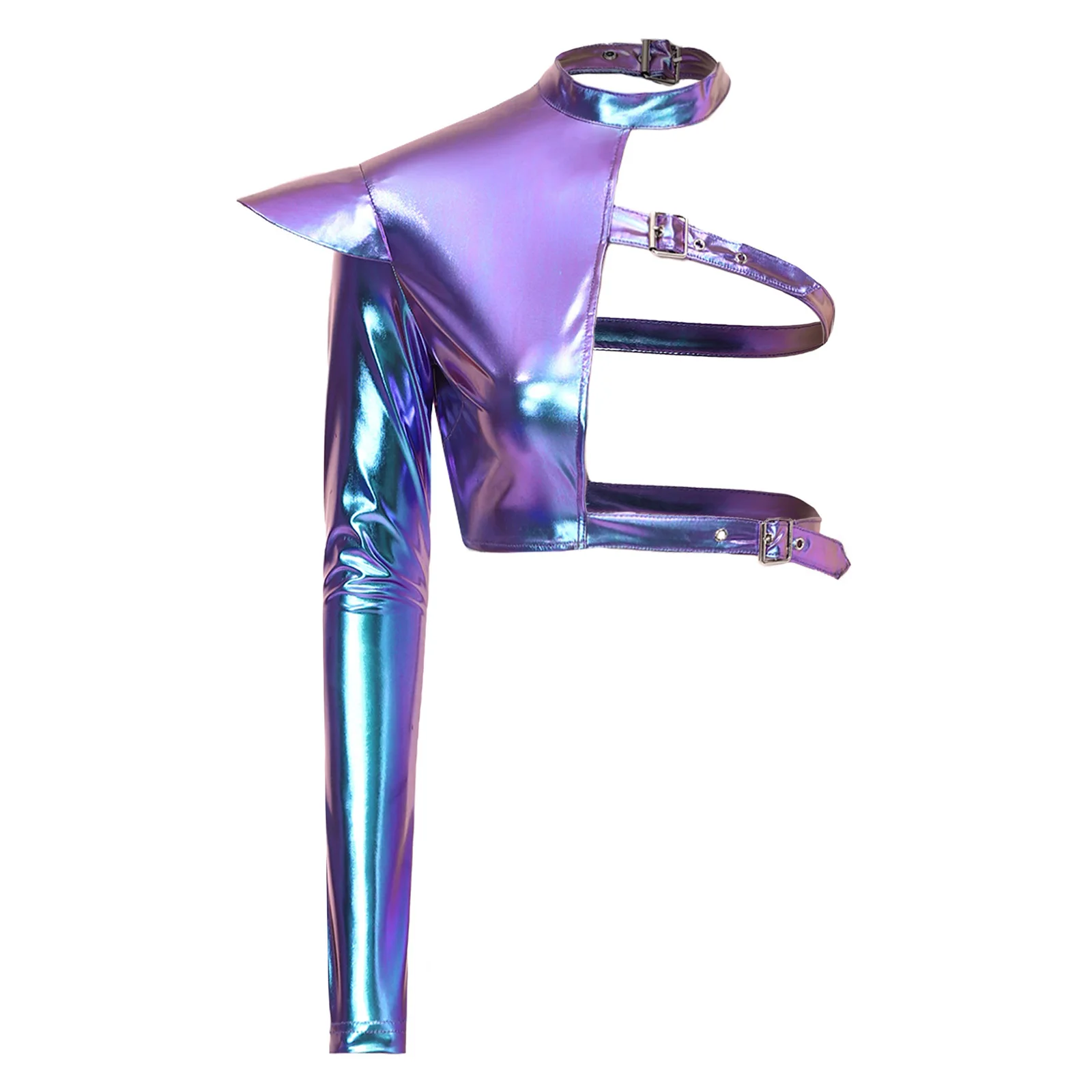Mens Metallic Shiny One Shoulder Crop Top Long Sleeve Adjustable Buckles Asymmetrical Top for Carnival Party Stage Performance