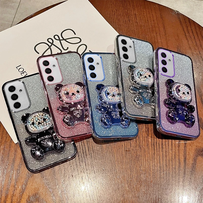 A 15 25 35 55 Glitter Bright Plating Bear Holder Case For Samsung Galaxy A15 A25 A35 A55 A14 A24 A34 A54 5g Silicone Stand Cover