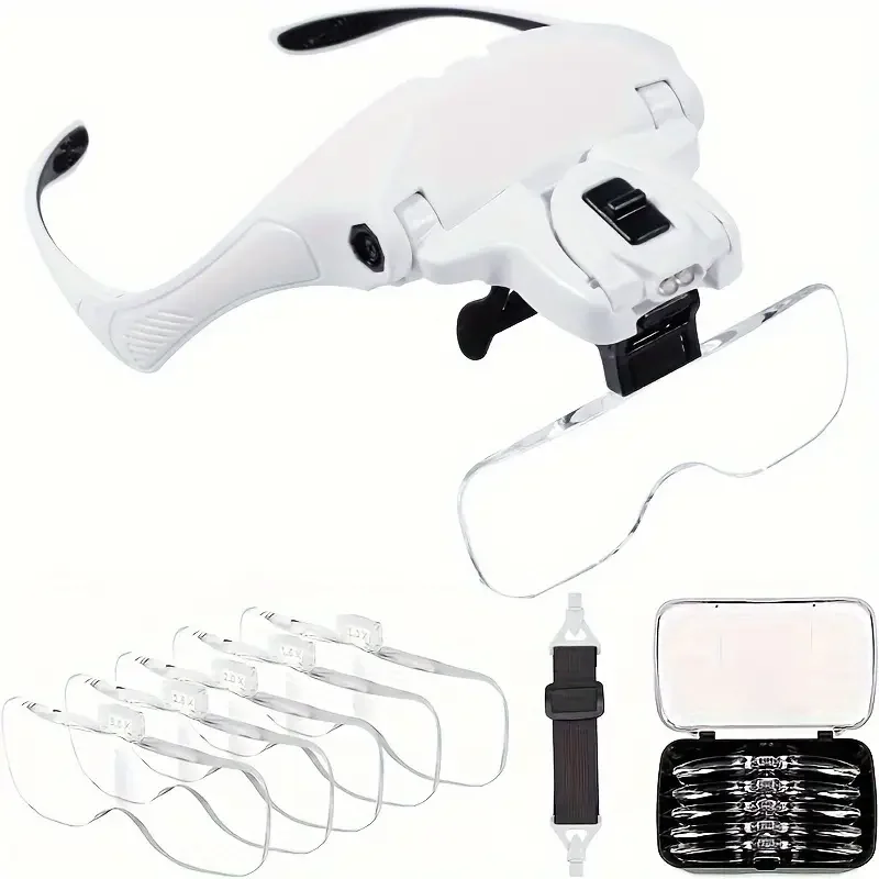 Head-Mounted Magnifier with Dual LED Interchangeable Lenses for Repair Engraving Beauty Embroidery Inspection Tools