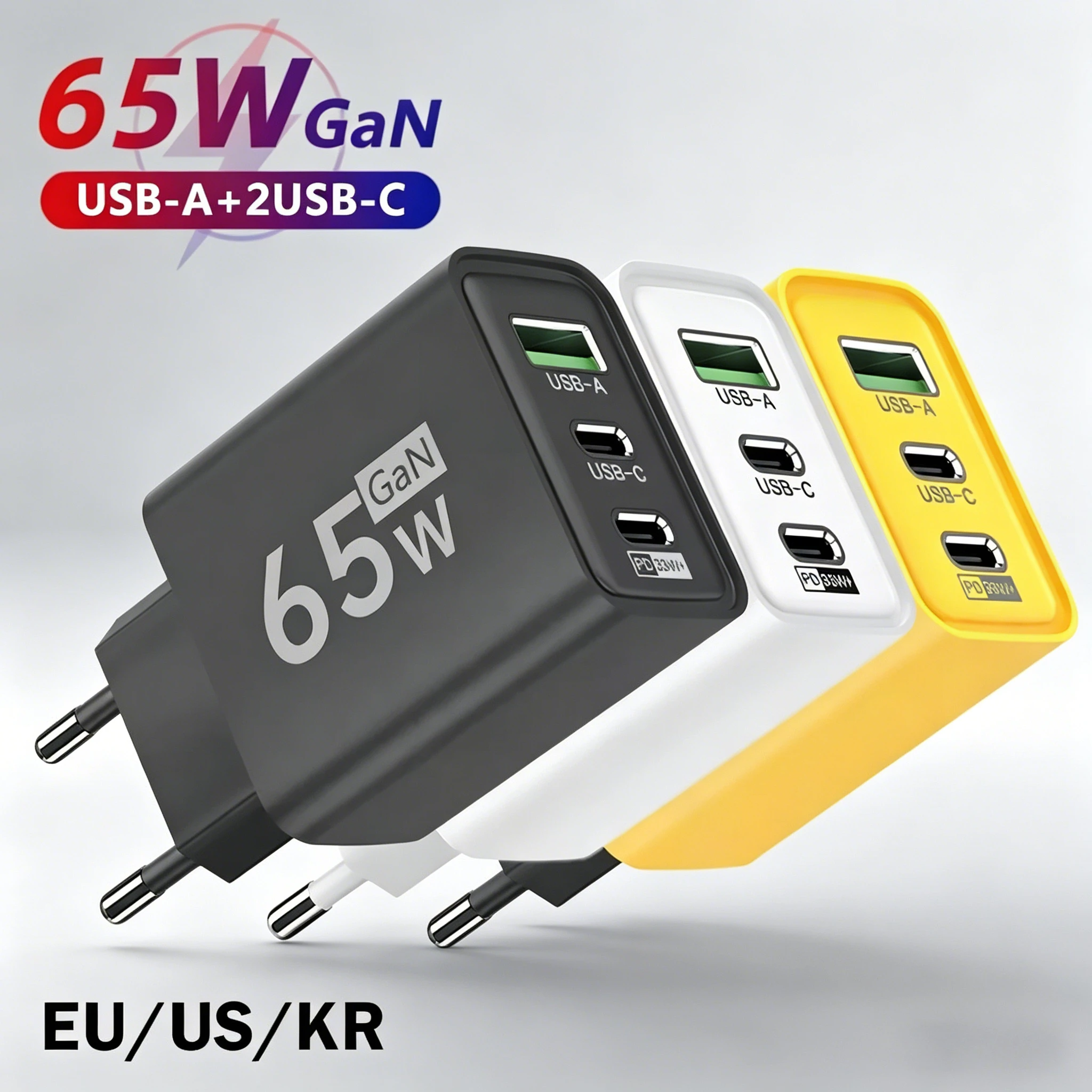65W GaN USB C Charger Fast Charging 3 Ports PD Quick Charger For iPhone 15 Samsung Xiaomi Mobile Phone Travel Adapter EU US Plug
