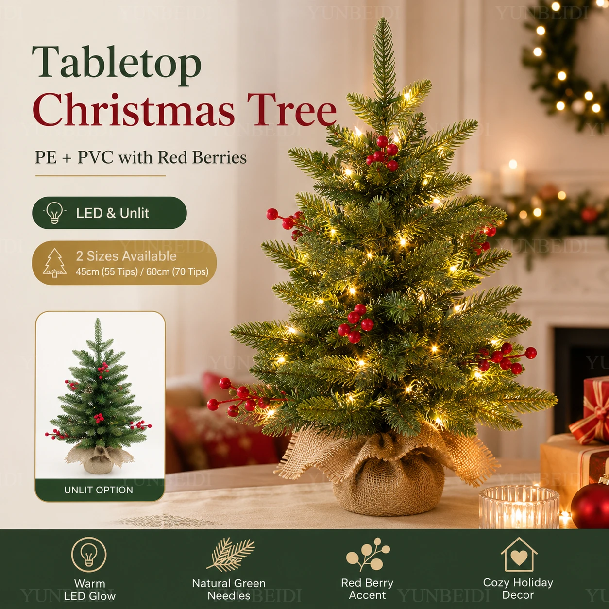Künstlicher Weihnachtsbaum aus reinem PE+PVC mit roten Beeren, hochwertiger kleiner Tisch-Weihnachtsbaum 45cm/60cm, Familien-Weihnachtsdekoration