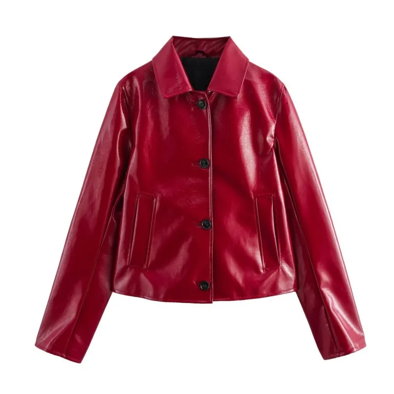 

2025 Autumn New Women's Red Shiny Leather Long Sleeve Lapel Blazer Jacket Stylish & Trendy Outerwear for Spring Work Wears Suit
