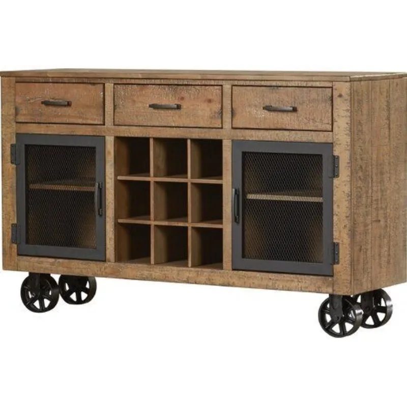 Natural-finish rustic buffet sideboard with multiple drawers and cabinets for a modern farmhouse kitchen
