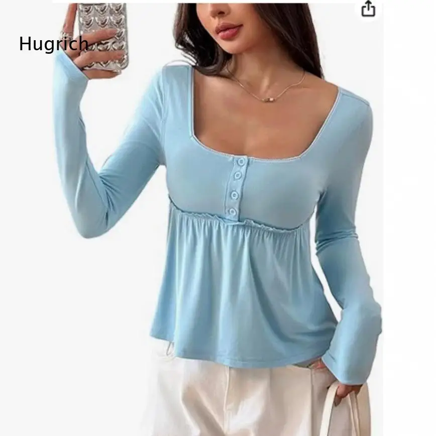 Women Square Neck Long Sleeve Top Button Front Detail Ruched Waist Peplum Hem Casual Blouse