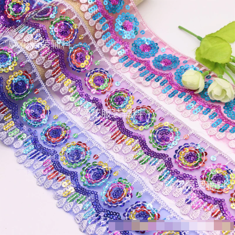 

Colorful Sequin Embroidery Lace Trim DIY Ethnic Dress Hem Stage Costume Decorative Trim with Barcode
